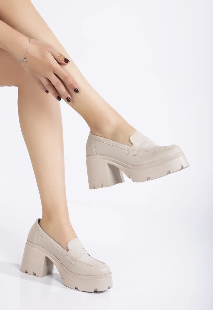 Bej Rengi Uzun Topuklu Loafer - 9 cm Kalın Topuklu Günlük Kadın Ayakkabı - Görsel 2