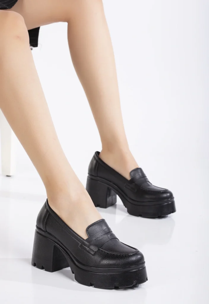 Siyah Renk Uzun Topuklu Loafer - 9 cm Kalın Topuklu Günlük Kadın Ayakkabı - Görsel 4