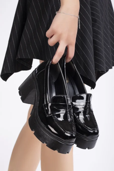 Siyah Rugan Uzun Topuklu Loafer - 9 cm Kalın Topuklu Günlük Kadın Ayakkabı